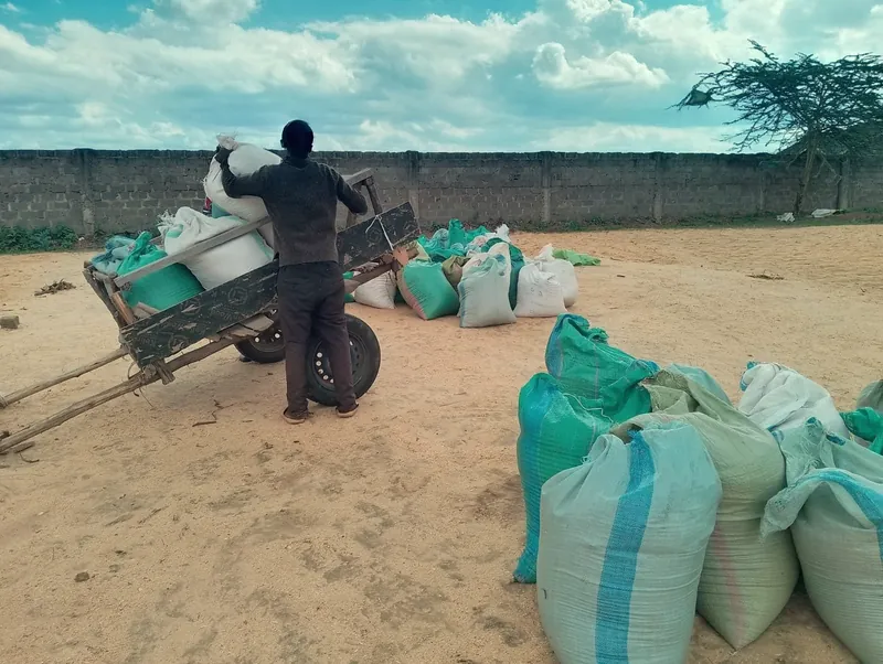 Worker moving feedstock sacks with a handcart
